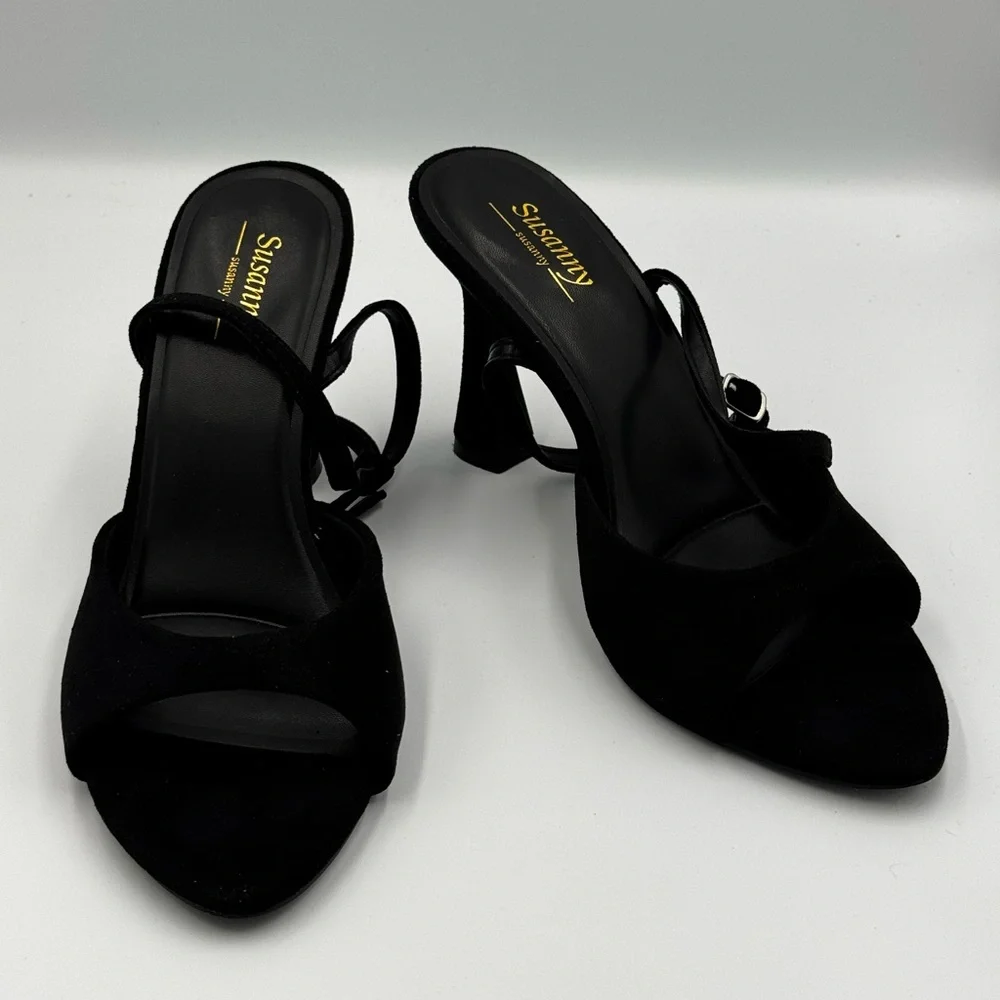 Susaniny Black Suede Heels – Strappy Block Heel Sandals Size 10